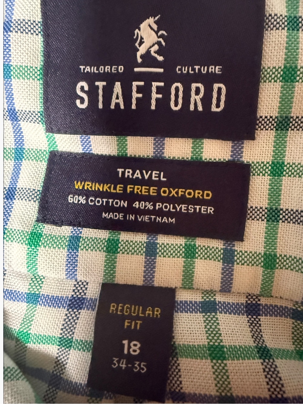 Stafford Tailored Culture Regular Fit Oxford Shirt size 18 34-35 Green Grid plai - Picture 13 of 15